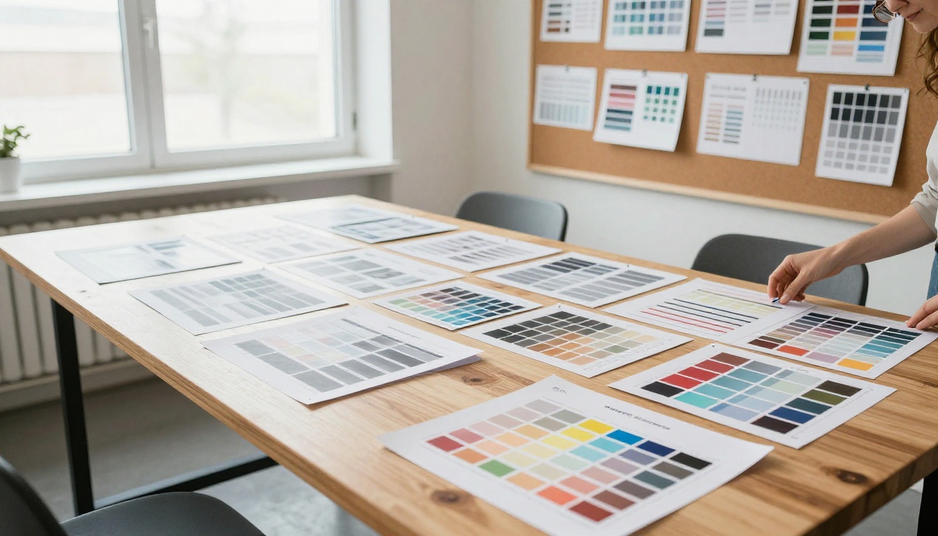 Overhead view of a designer table covered with workbook page layouts Overhead view of a designer table covered with workbook page layouts