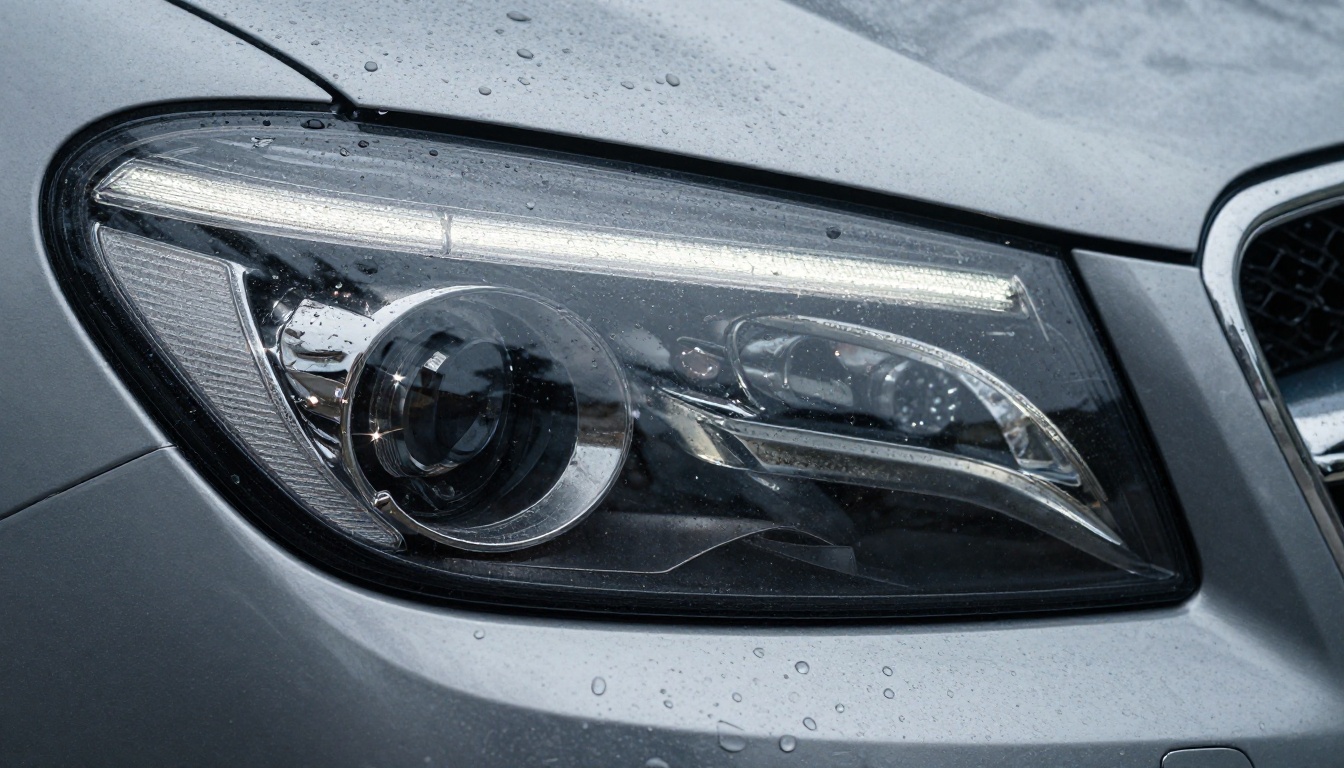 Close-up of a new car headlight and fender with water droplets