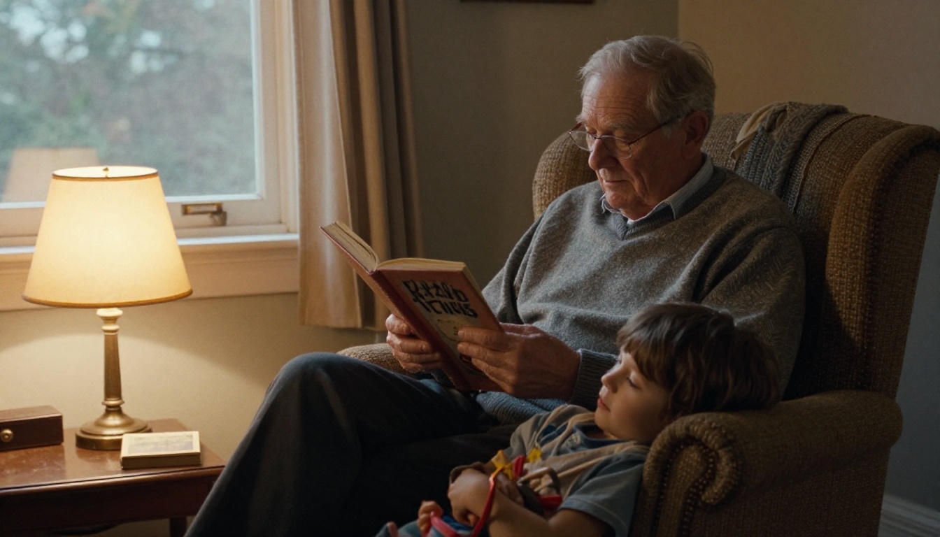 Grandfather reading a family history book to two grandchildren