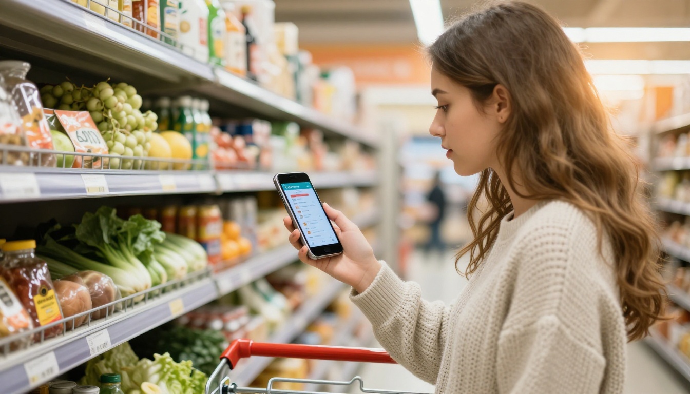 A shopper in a supermarket aisle reading a digital grocery flyer on a smartphone