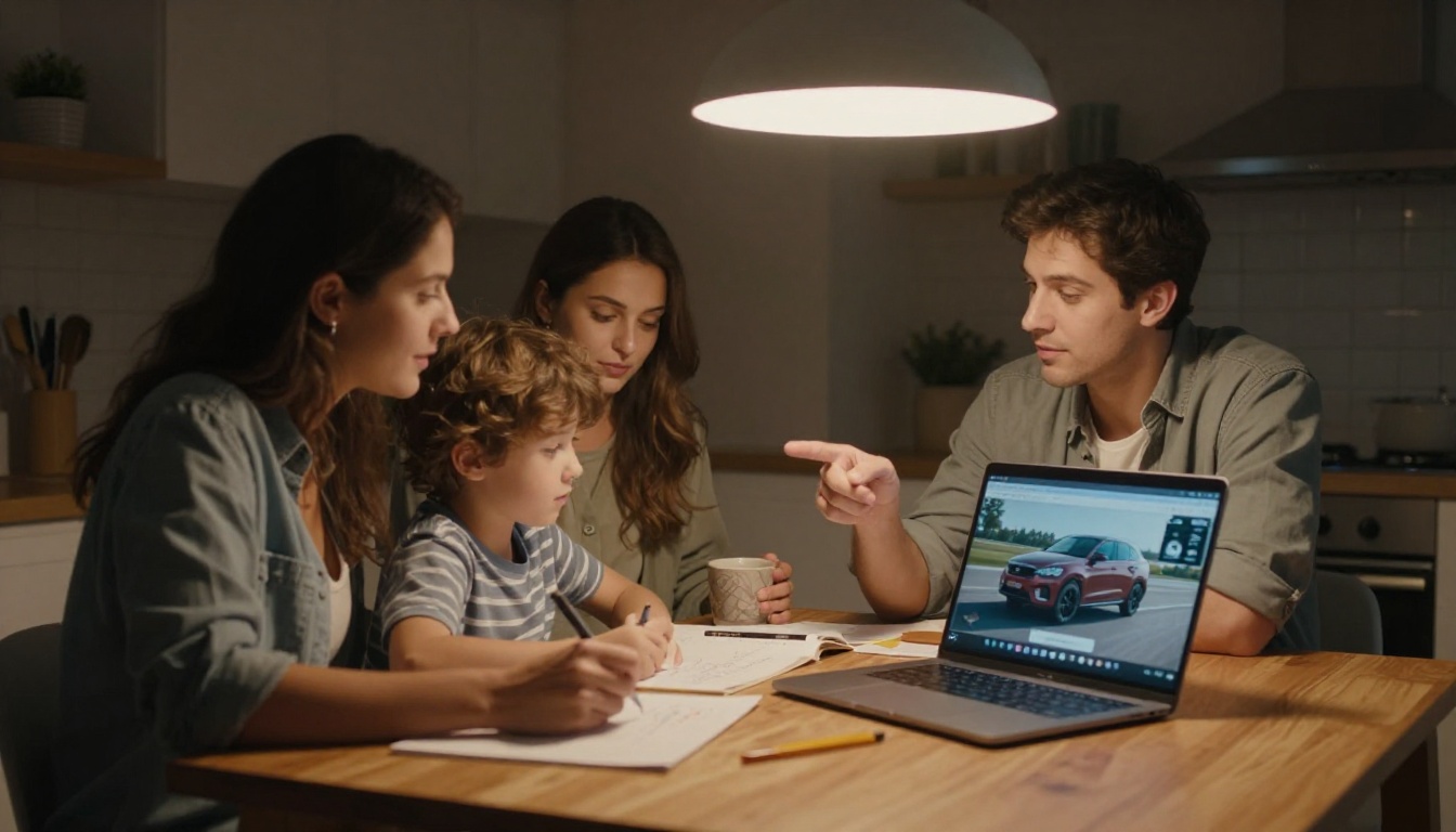 A family at the kitchen table reviewing a car brochure on a laptop