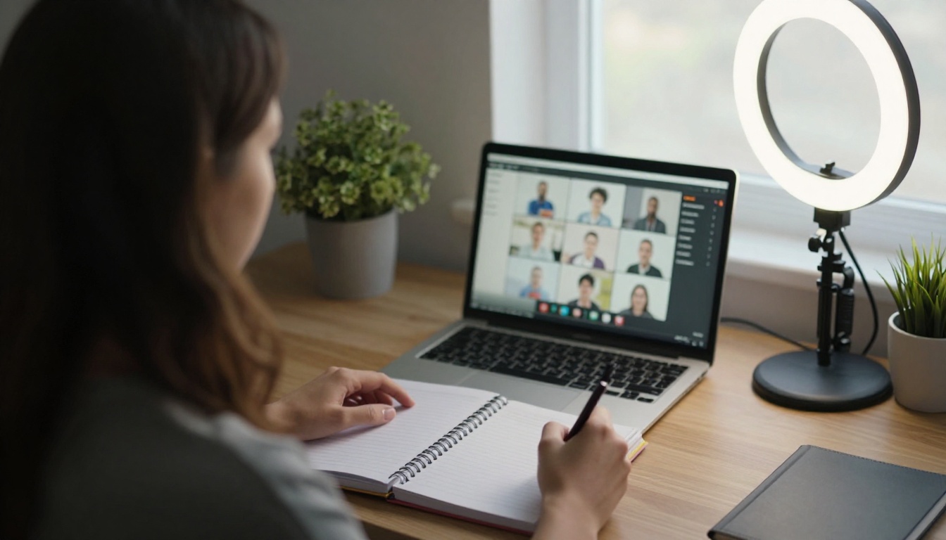 Coach on a video call with a workbook beside her laptop Coach on a video call with a workbook beside her laptop