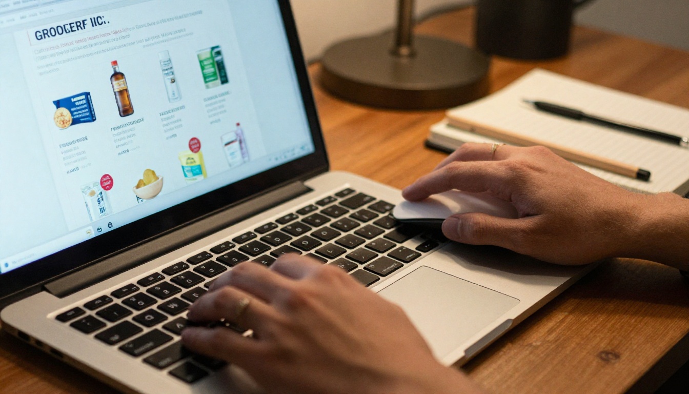 A graphic designer working on a grocery flyer layout on a laptop