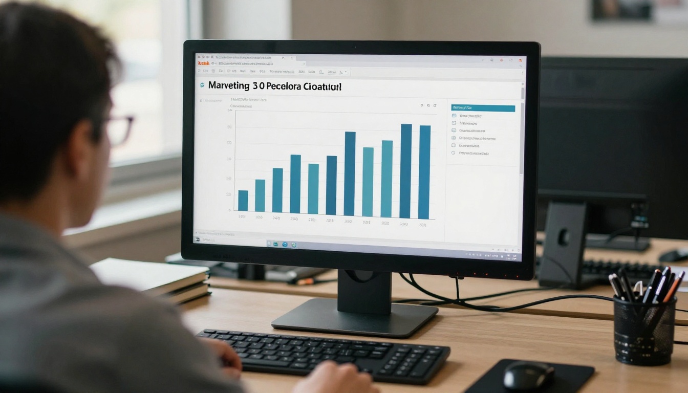 Analyst reviewing a dashboard of brochure views on a monitor