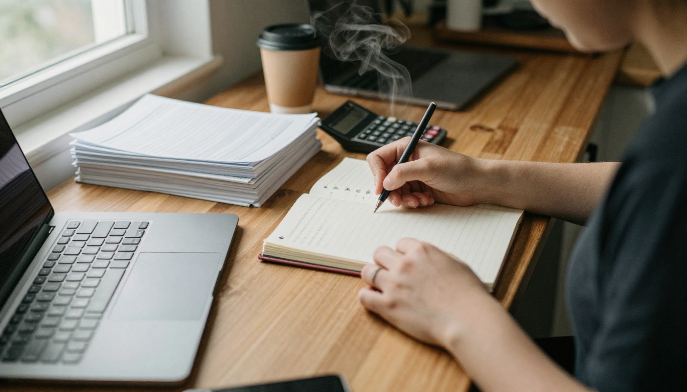 Business owner at a kitchen table calculating program income beside printed workbooks Business owner at a kitchen table calculating program income beside printed workbooks