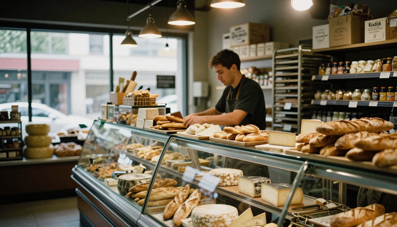 A bakery and deli counter inside a grocery store with fresh bread and cheese