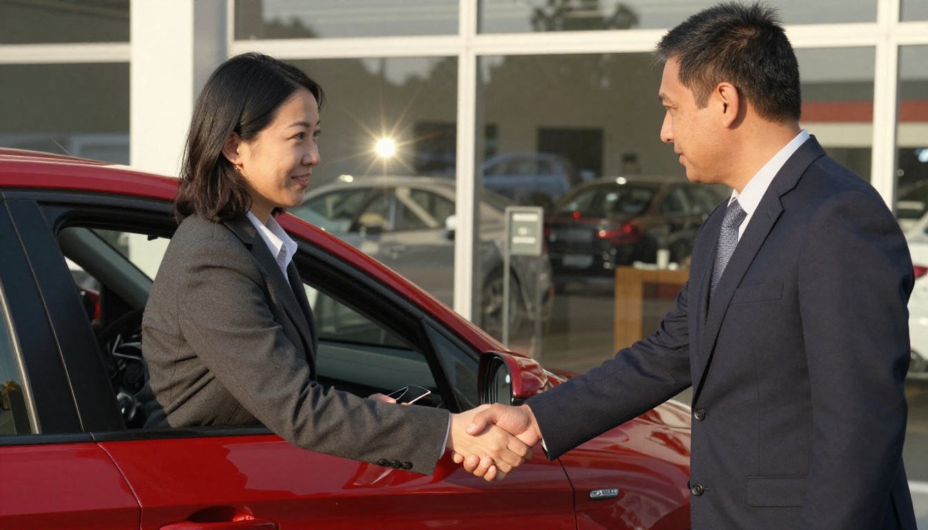 Salesperson shaking hands with a customer beside a red hatchback