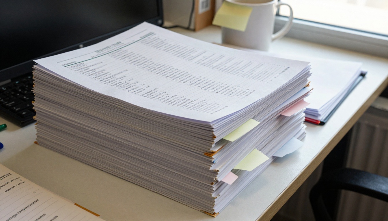 Stack of thick printed wine price books and binders on a desk