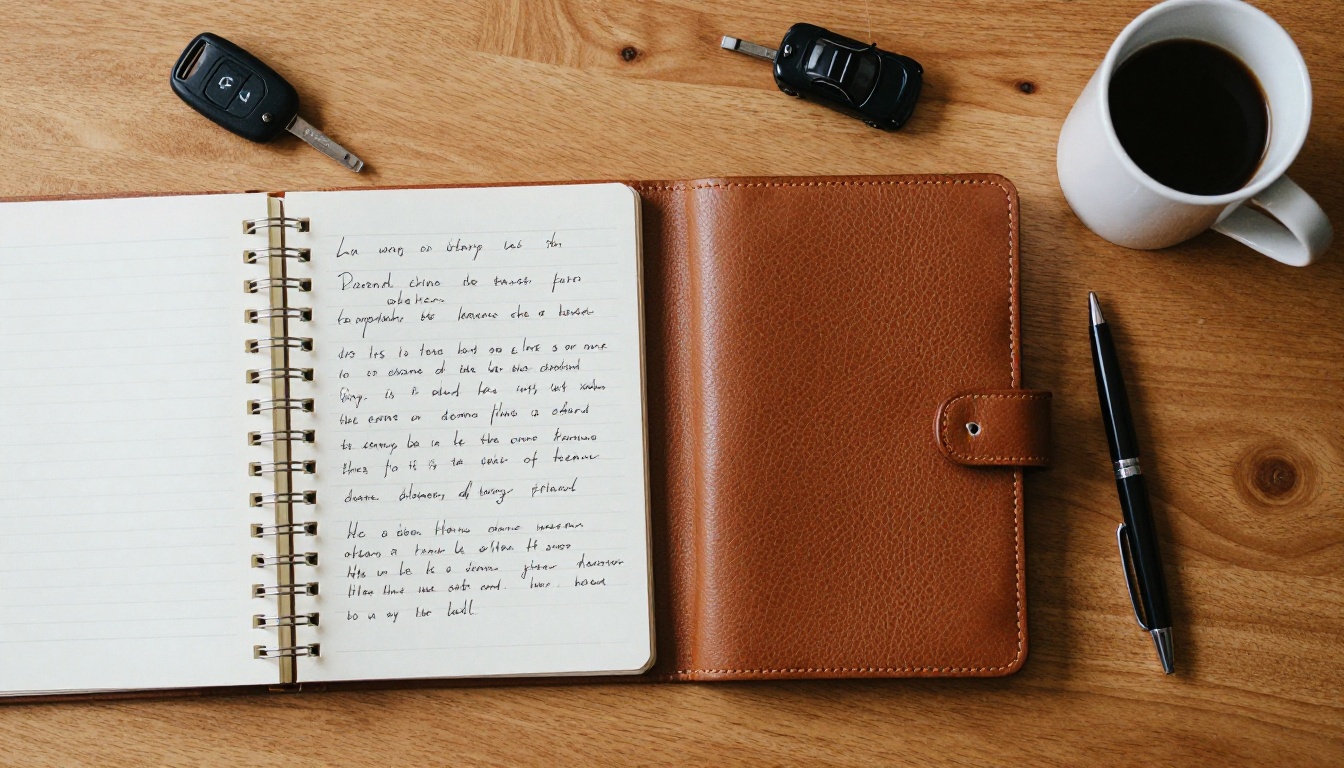 Overhead flat lay of a tablet showing a brochure, notebook and coffee on a desk