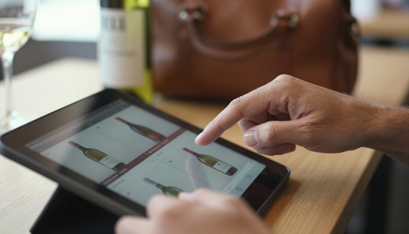 Wine sales rep swiping through a digital catalog on a tablet