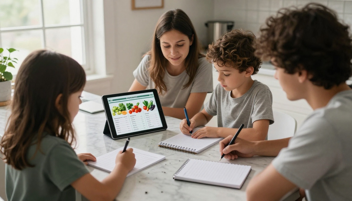 A family planning weekly meals at a kitchen island using a tablet
