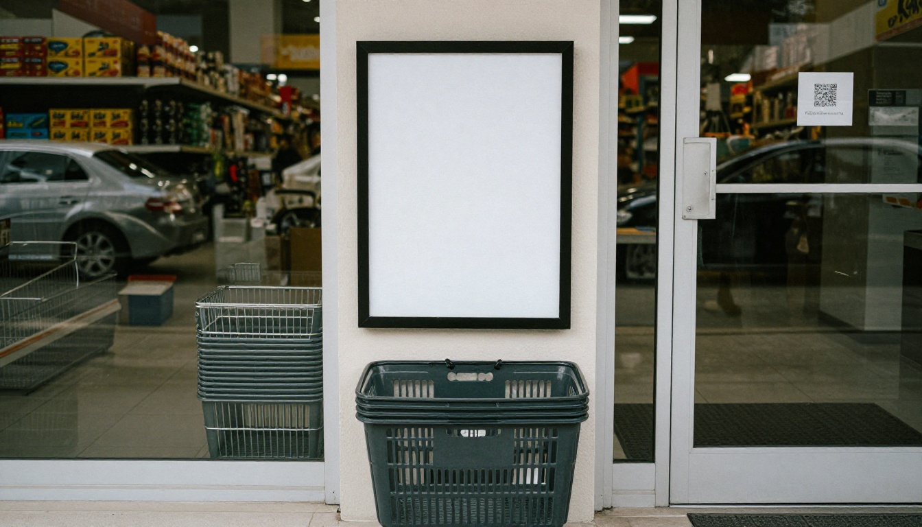 Entrance of a grocery store with stacked baskets and a small poster stand