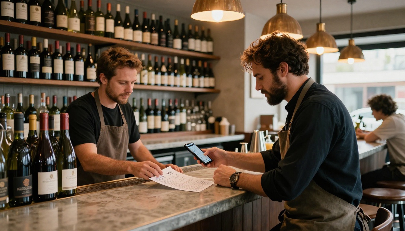 Restaurant owner and wine rep reviewing a wine list on a smartphone