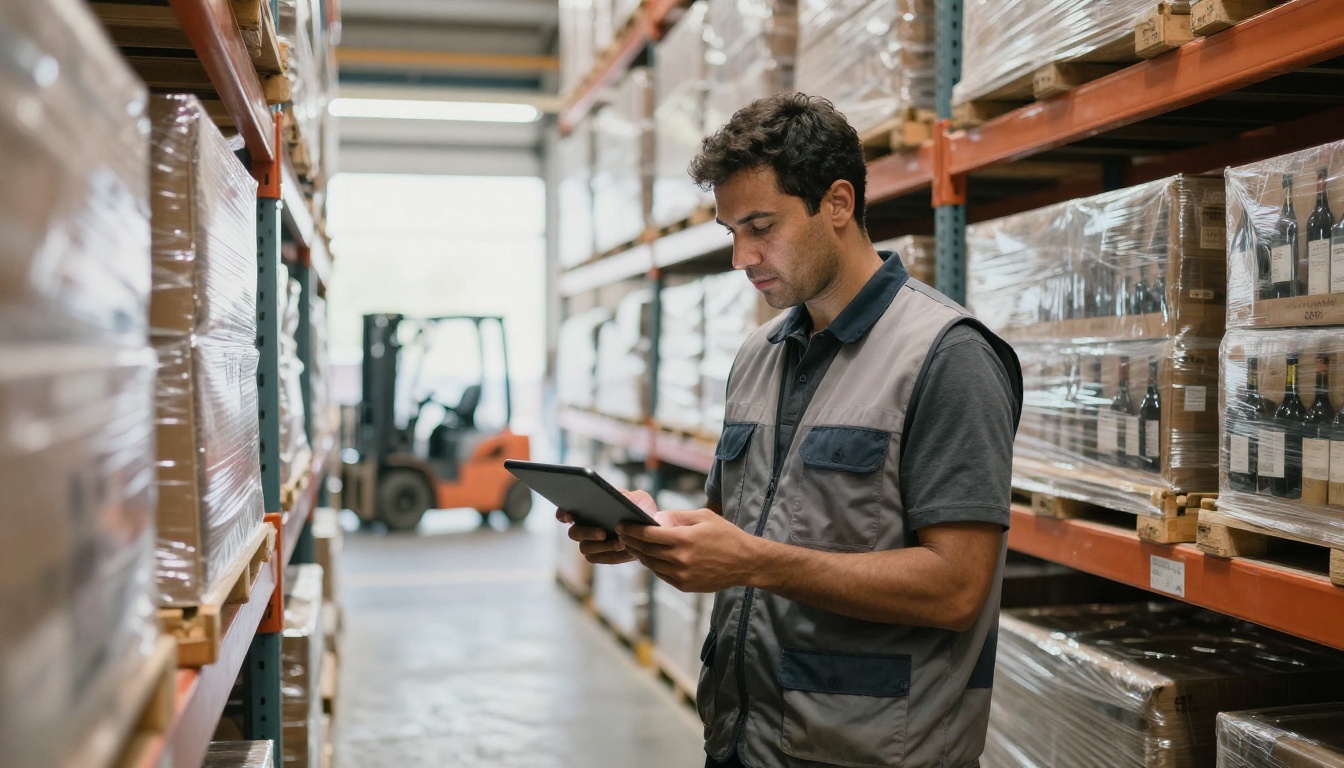 Warehouse manager checking inventory on a tablet near wine pallets