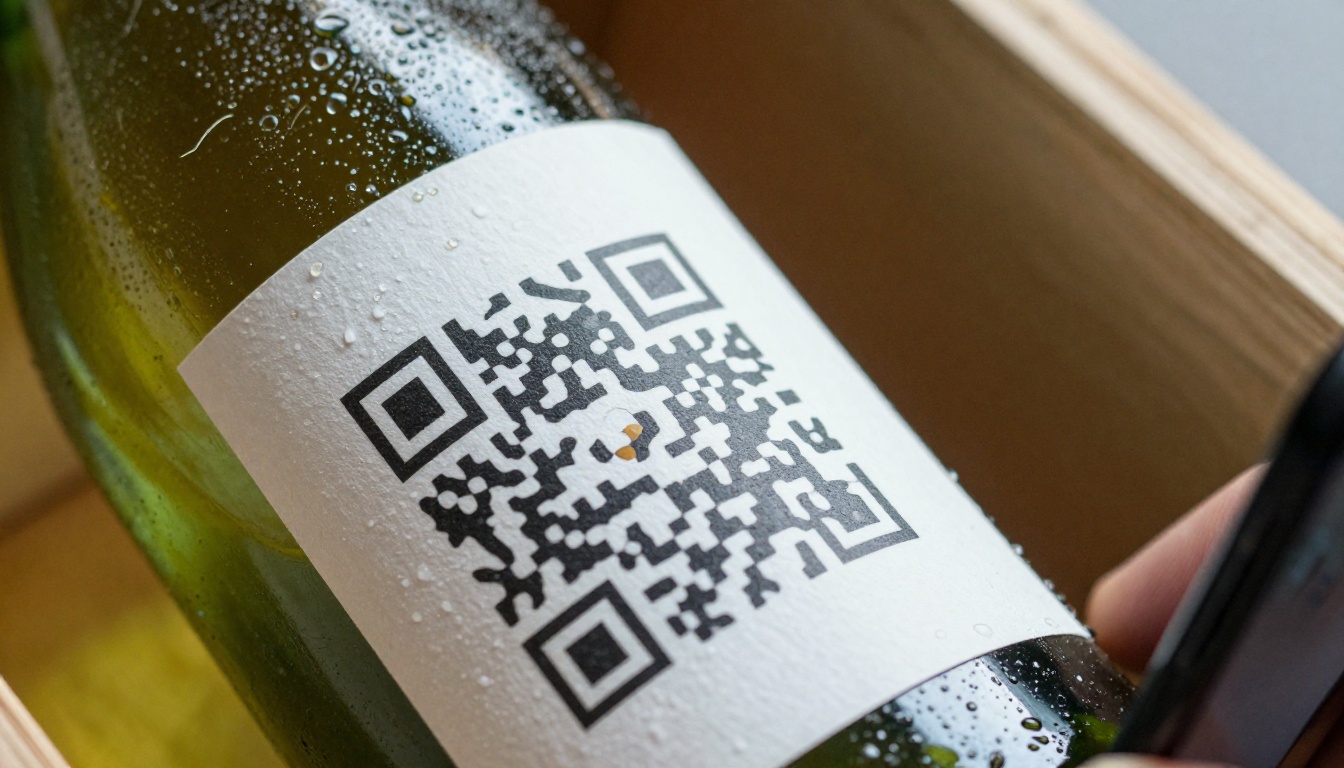 Phone scanning a QR code beside a wine bottle label