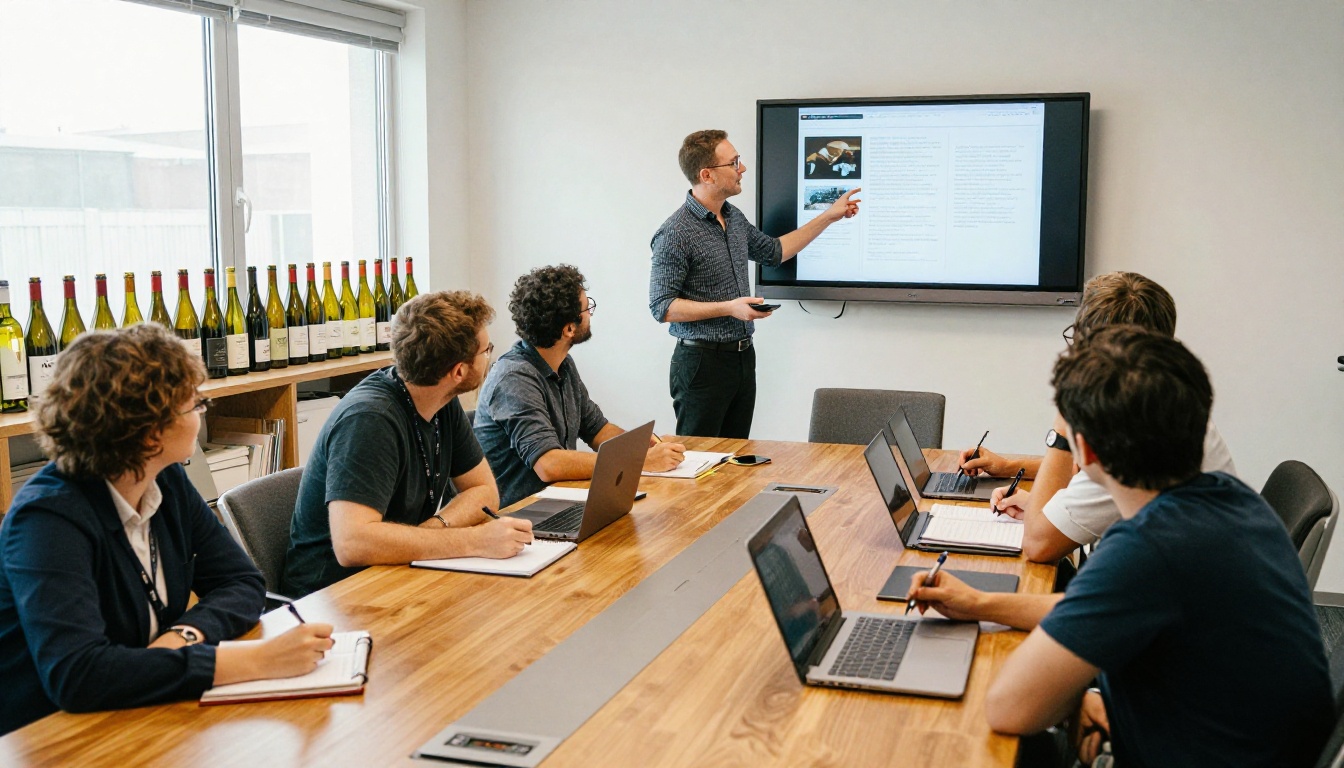 Wine distributor team reviewing a catalog on a wall monitor