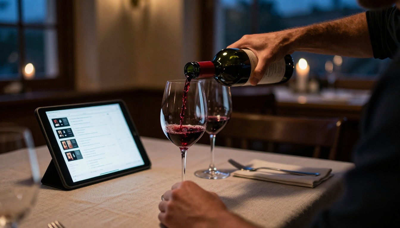 Sommelier pouring red wine with a digital portfolio on a tablet beside the table
