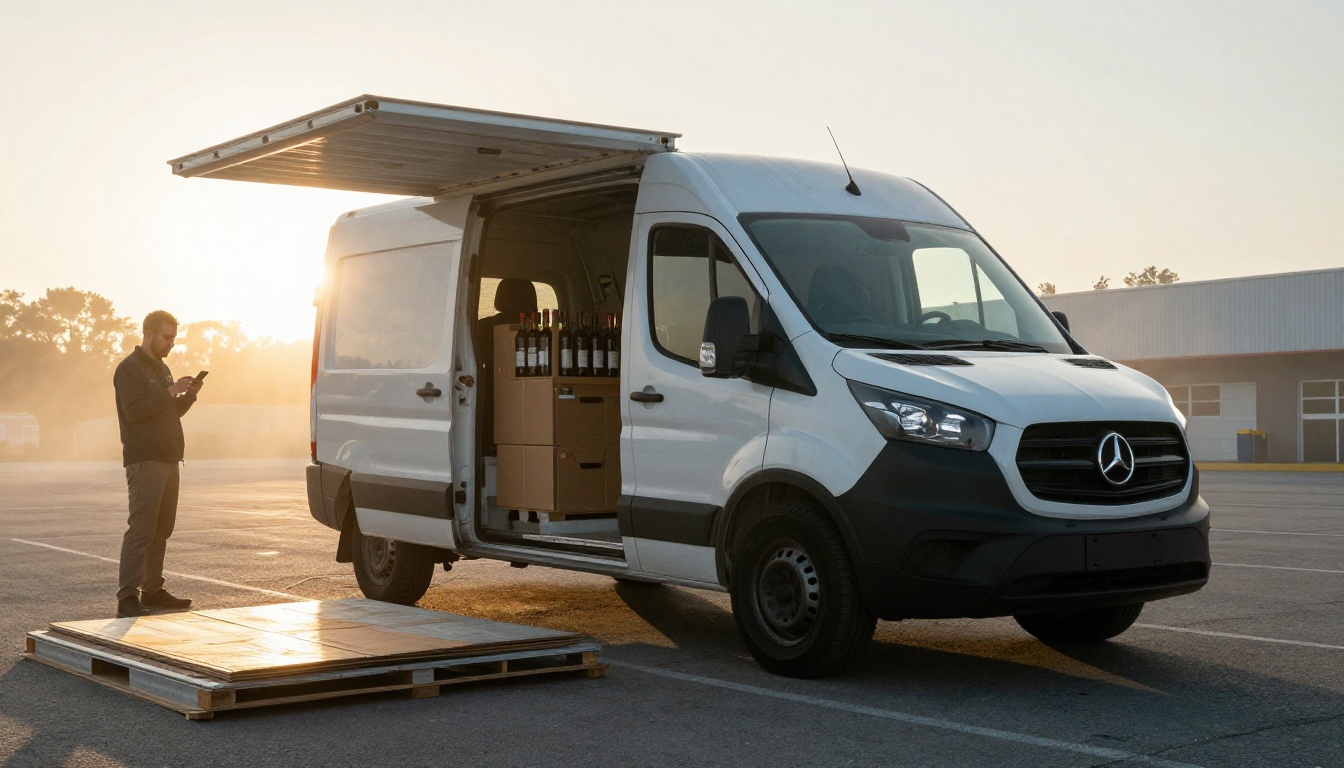 Delivery van loaded with wine cases at a distributor loading dock at sunrise
