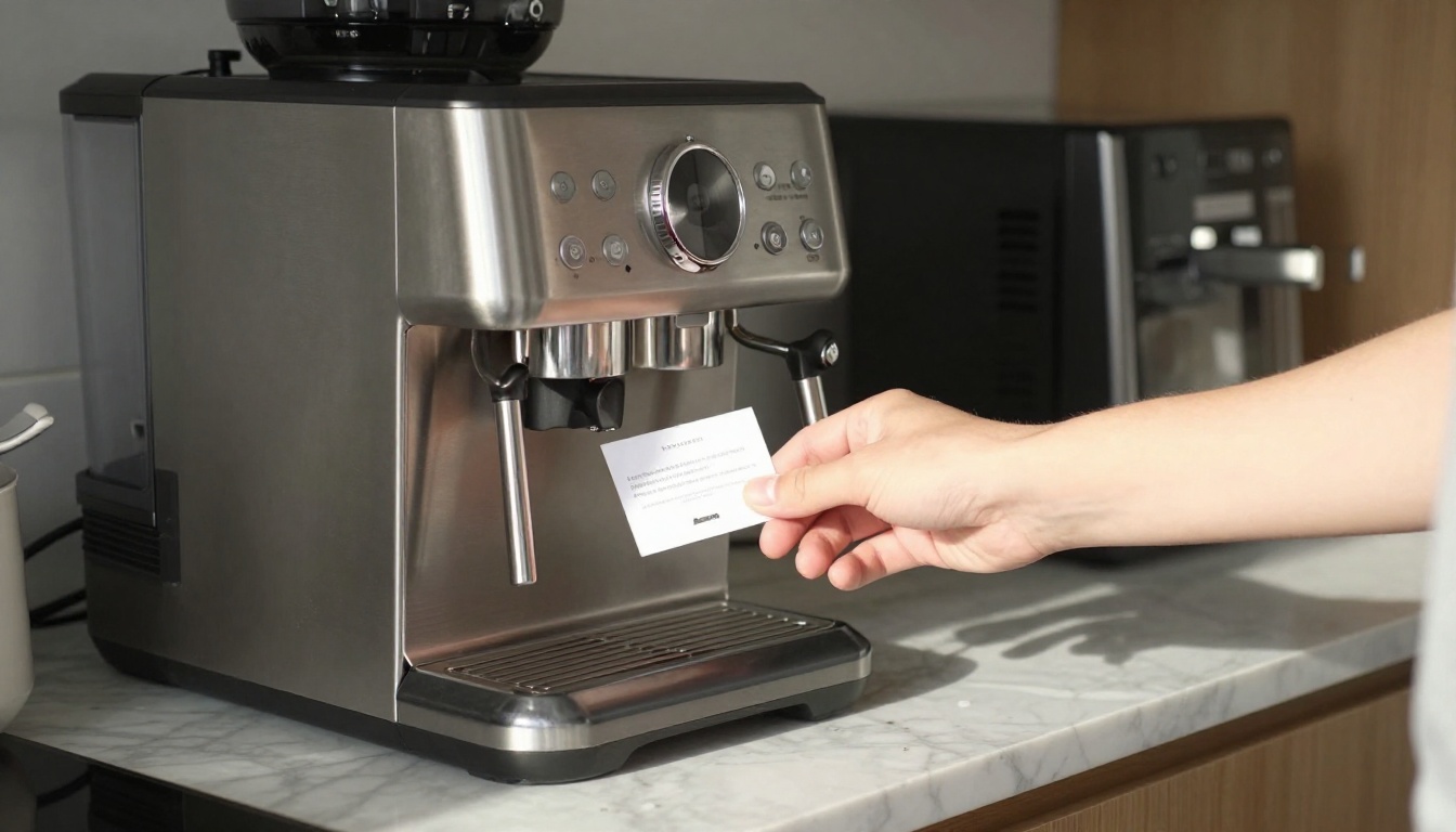 Guest hand reaching for a rental coffee machine with a small instruction card nearby