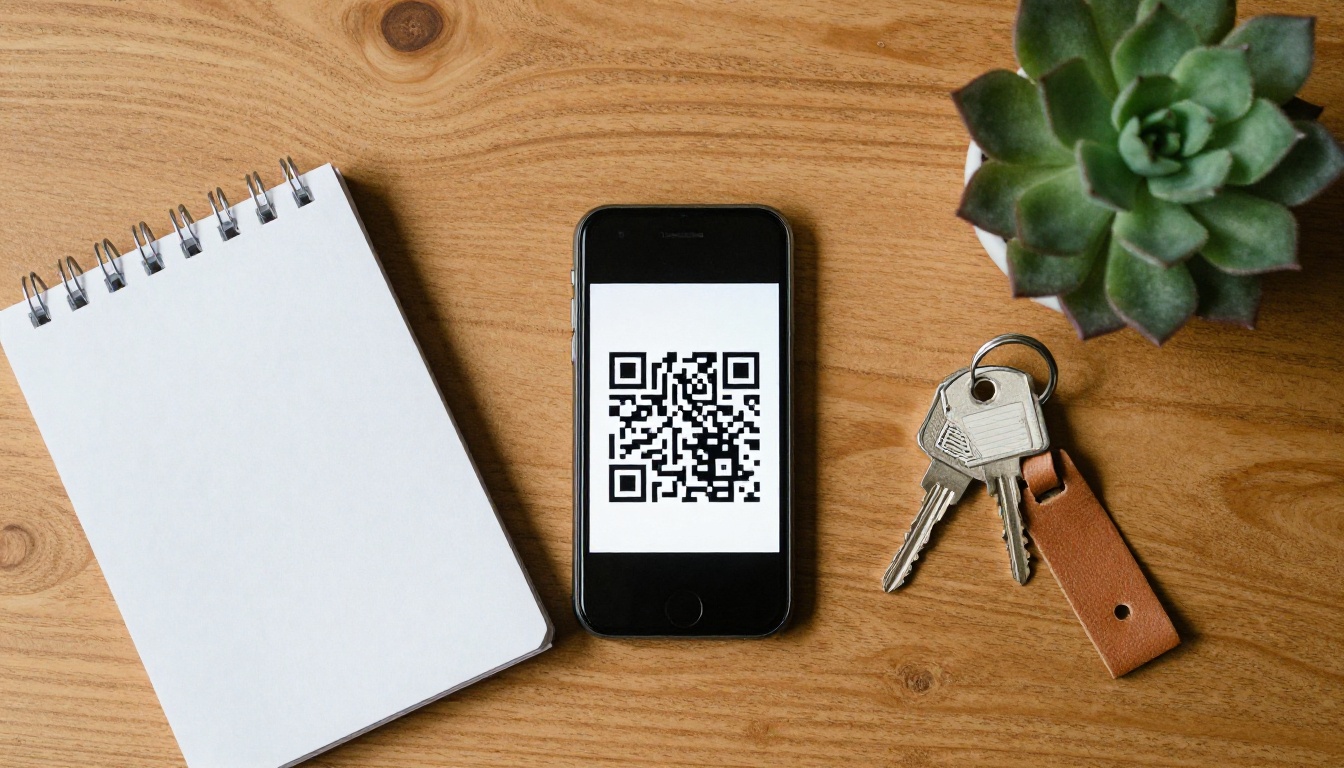 Smartphone on a stand showing a QR code on a wooden table with a house access tag