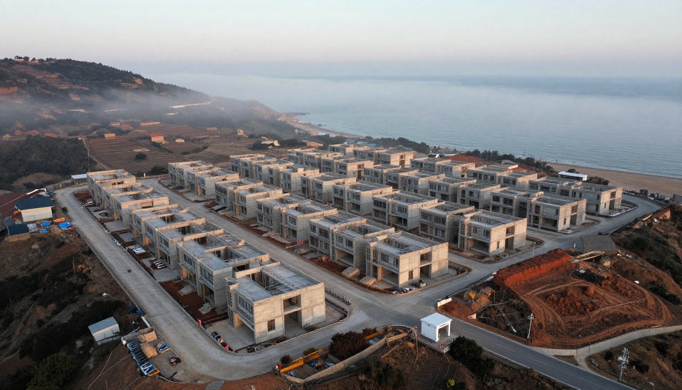 Aerial view of a residential development under construction on a coastal hillside Aerial view of a residential development under construction on a coastal hillside