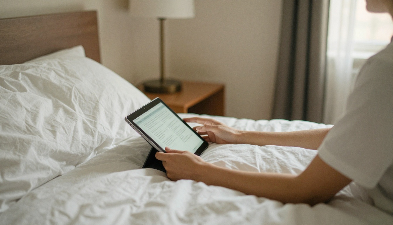 Guest reading a digital manual on a tablet in a bedroom