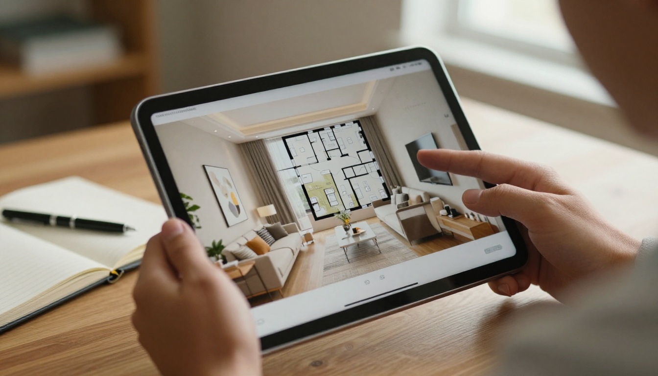 Buyer hands swiping a tablet showing an apartment brochure with floor plan Buyer hands swiping a tablet showing an apartment brochure with floor plan
