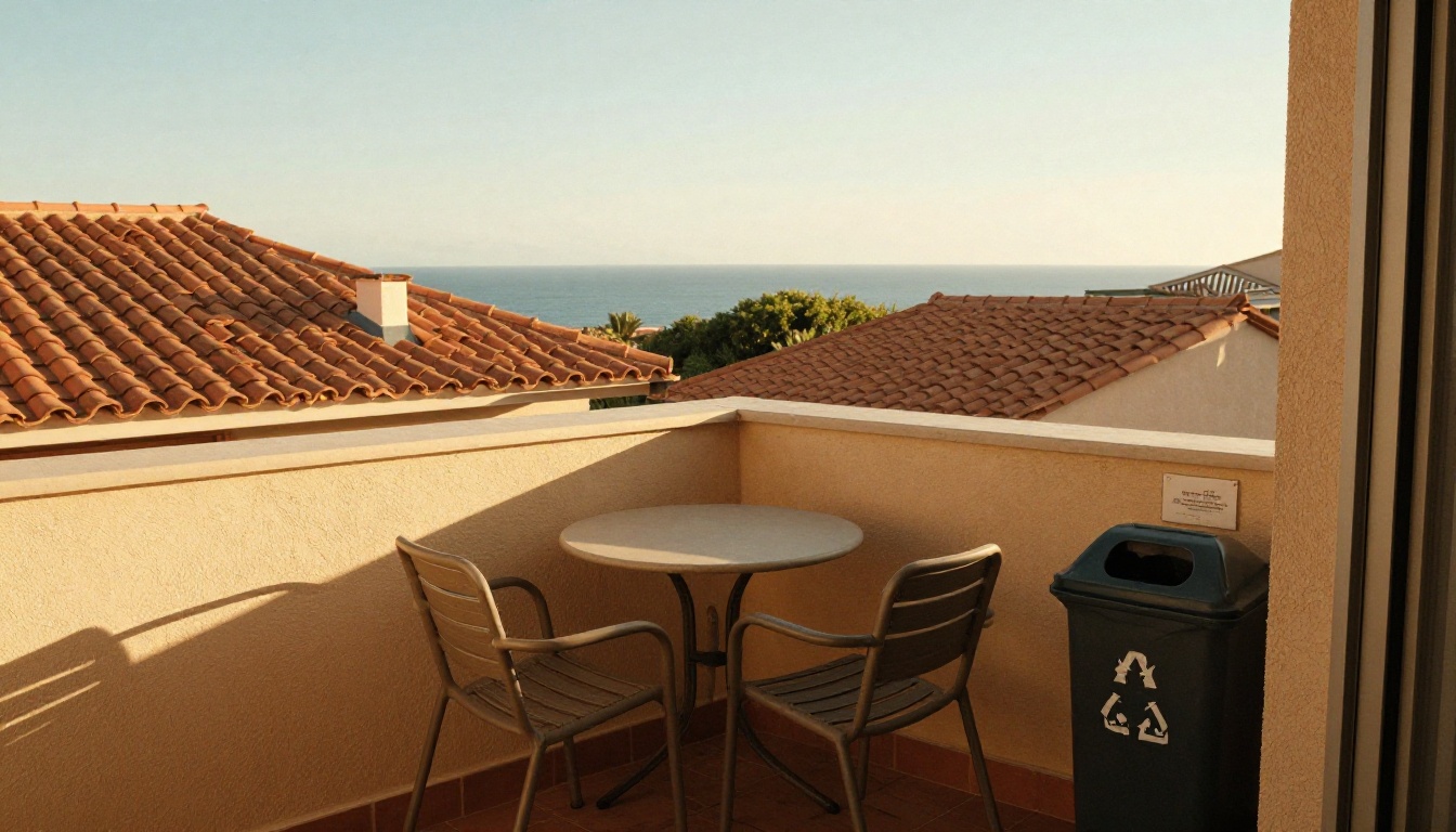 Sunny balcony with a labelled recycling bin and seating area