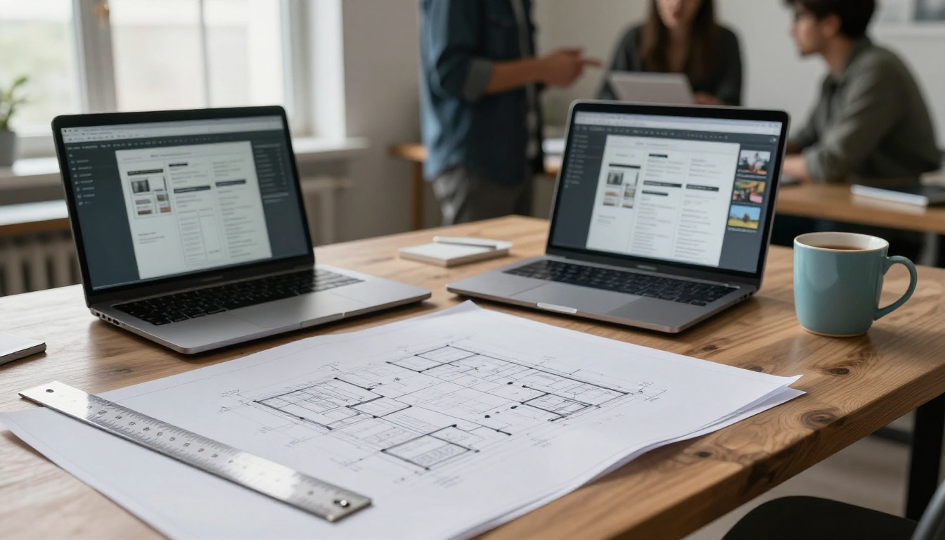 Architect studio table with floor plan drawings and a laptop showing a brochure layout Architect studio table with floor plan drawings and a laptop showing a brochure layout