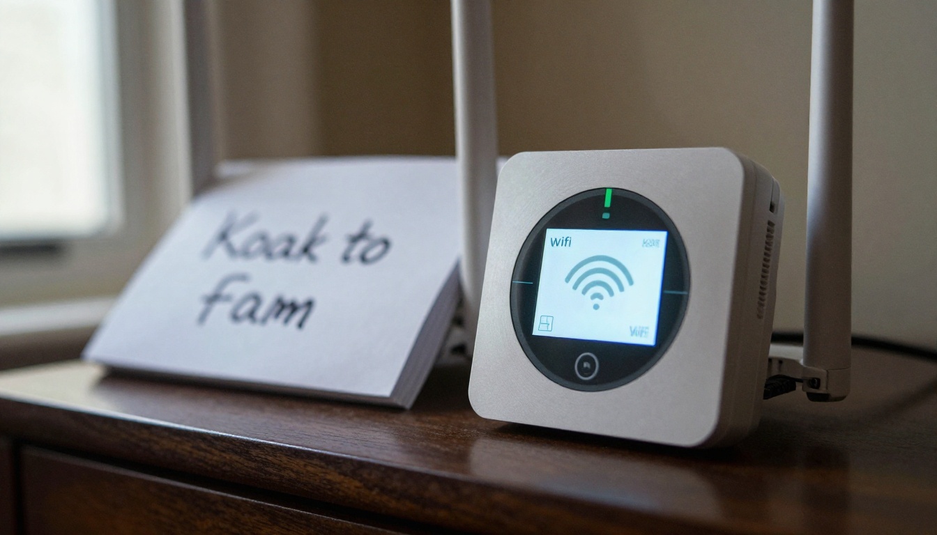 Smart thermostat and router on a hallway shelf
