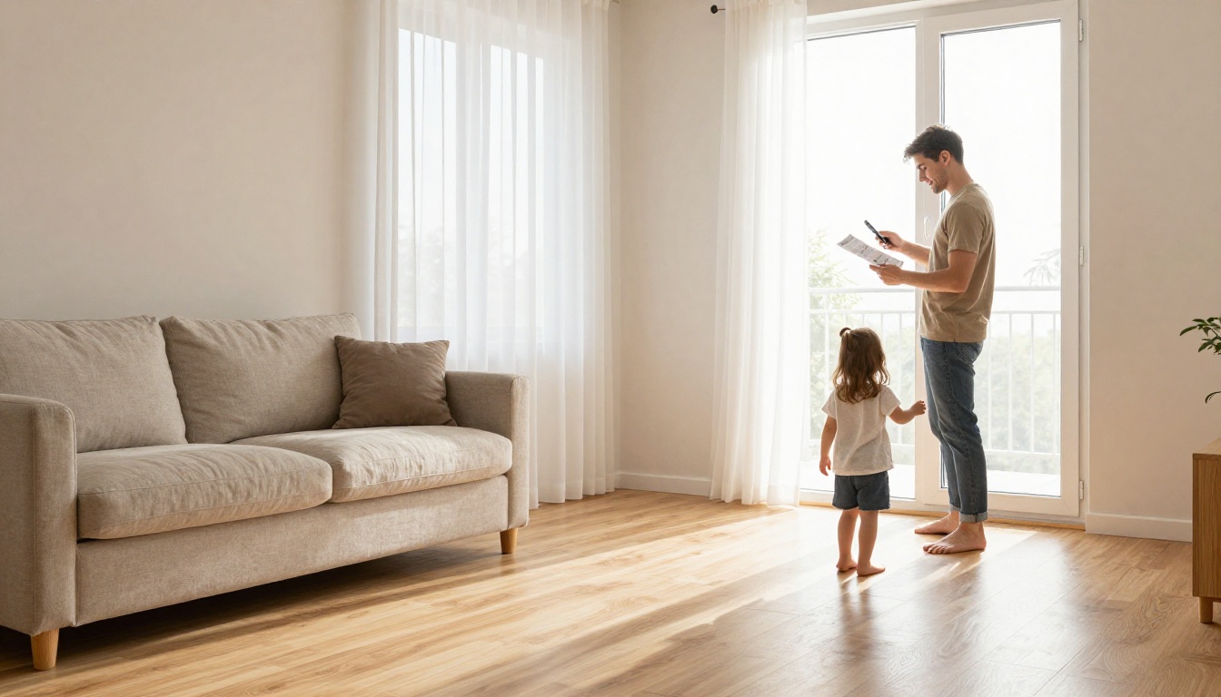 Bright show apartment interior with a family exploring while holding a phone with the brochure Bright show apartment interior with a family exploring while holding a phone with the brochure