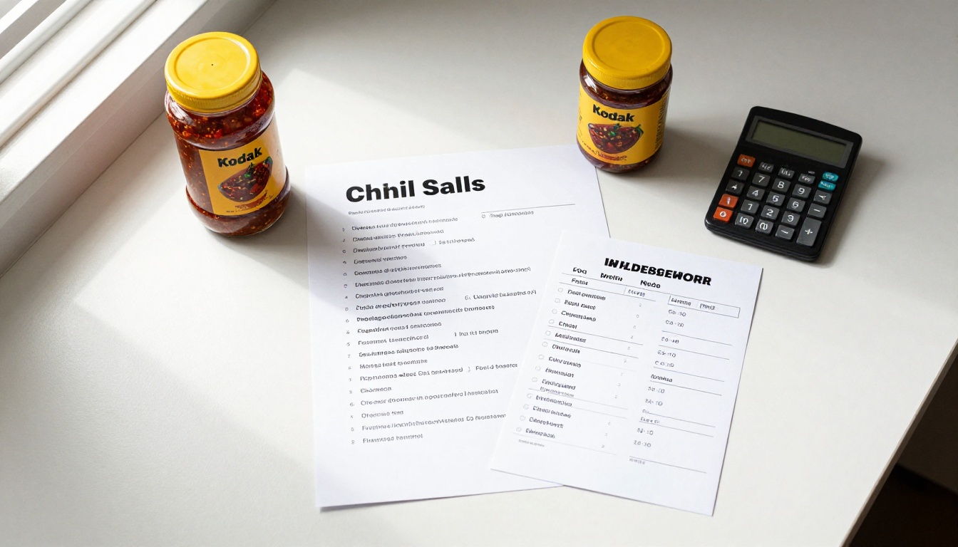 Overhead view of a sell sheet on a desk beside jars of chili crisp