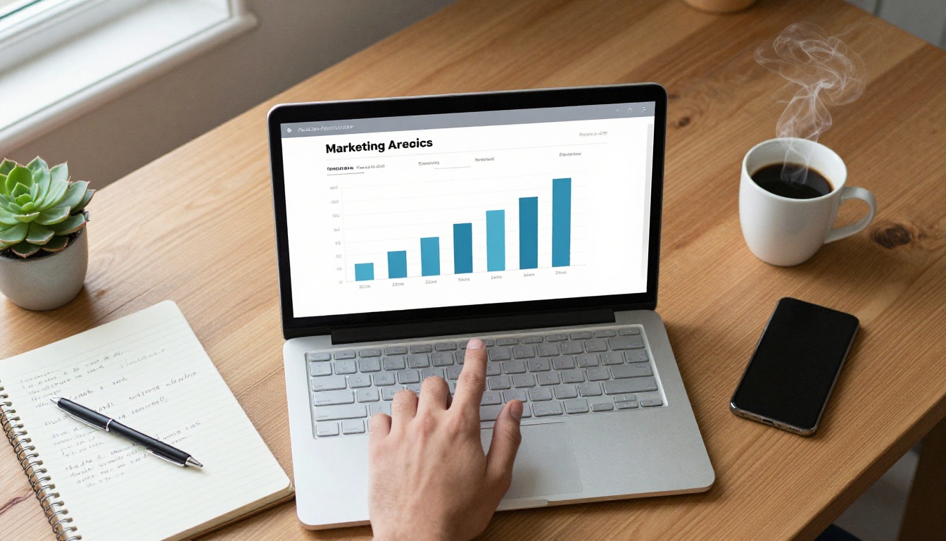 Overhead view of a laptop showing brochure analytics beside a notepad and coffee Overhead view of a laptop showing brochure analytics beside a notepad and coffee