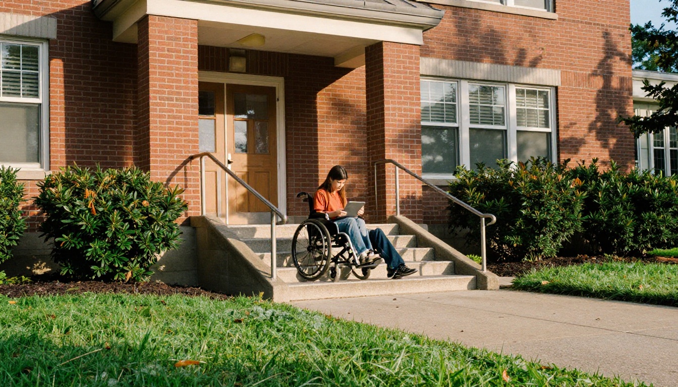 School building entrance with a ramp and a student using a tablet