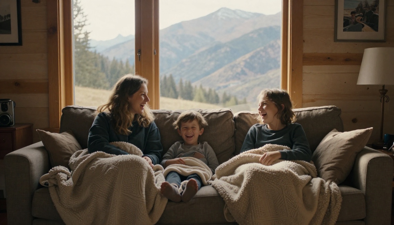 Family relaxing in a rental cabin living room after reading the manual