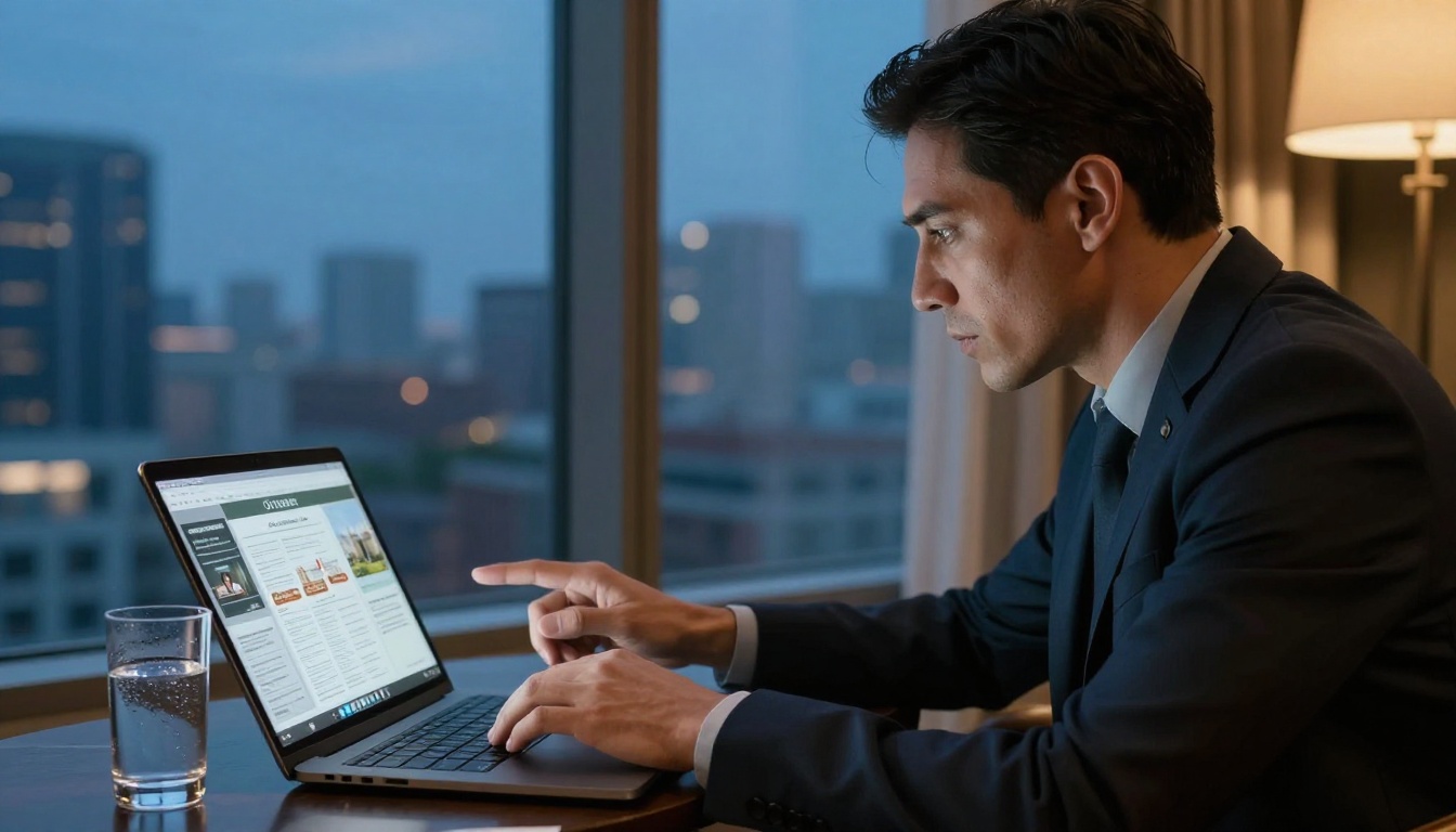 International investor reviewing an off-plan apartment brochure on a laptop in a hotel lounge International investor reviewing an off-plan apartment brochure on a laptop in a hotel lounge