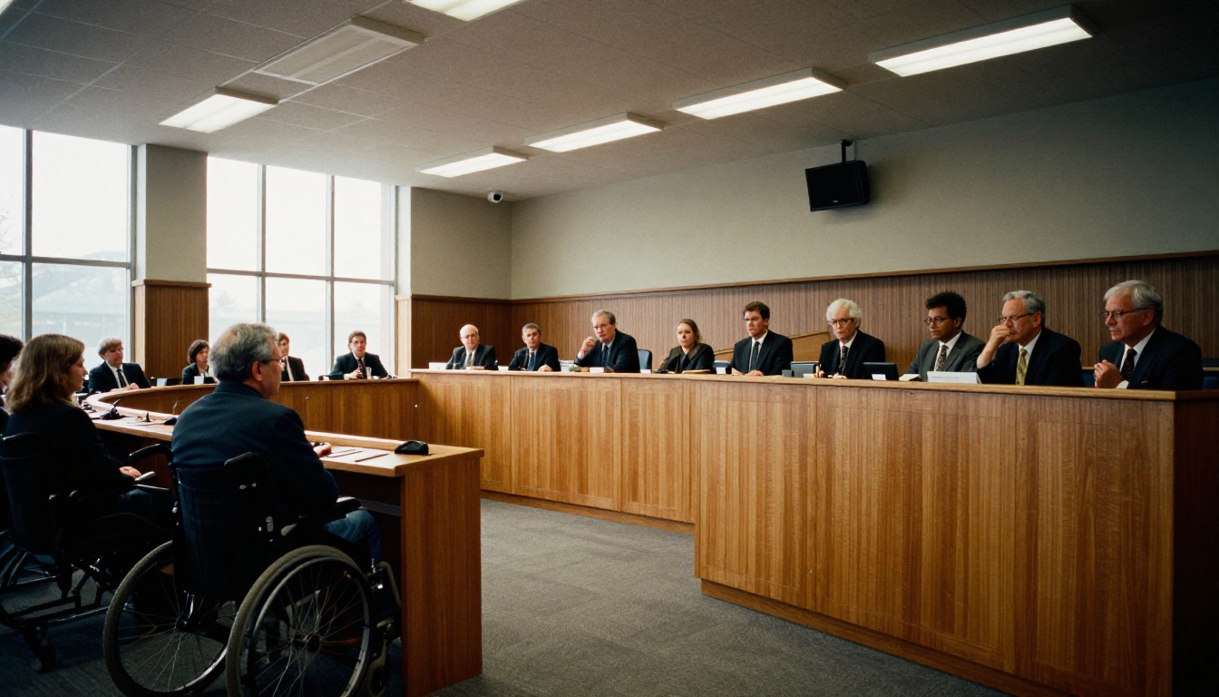 Council chamber during a public meeting with a wheelchair user in the front row