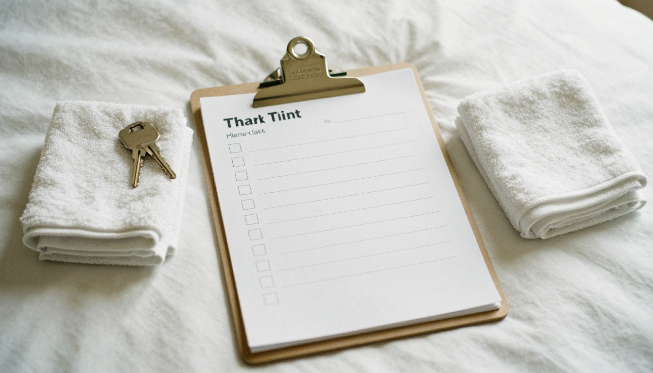 Checkout checklist on a clipboard with folded towels