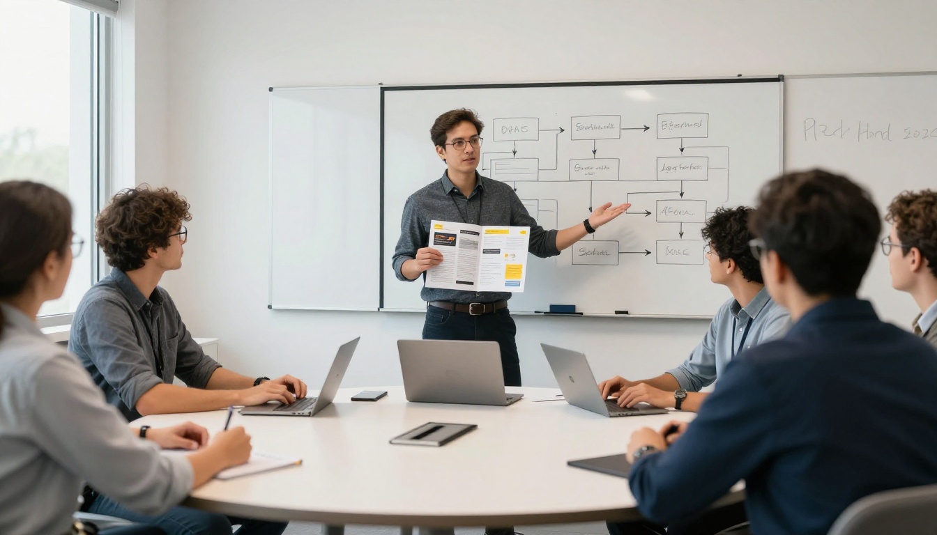 Sales team meeting around a table with a pipeline whiteboard and a brochure on a monitor Sales team meeting around a table with a pipeline whiteboard and a brochure on a monitor