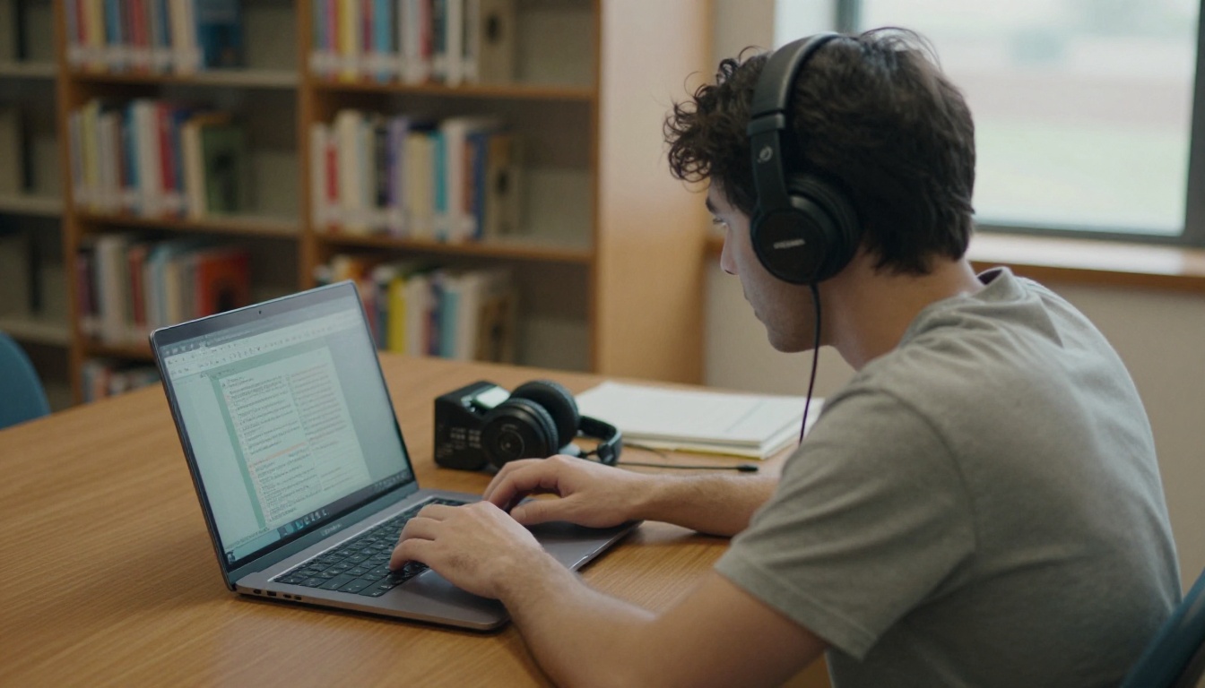 Resident using a screen reader and braille display in a public library