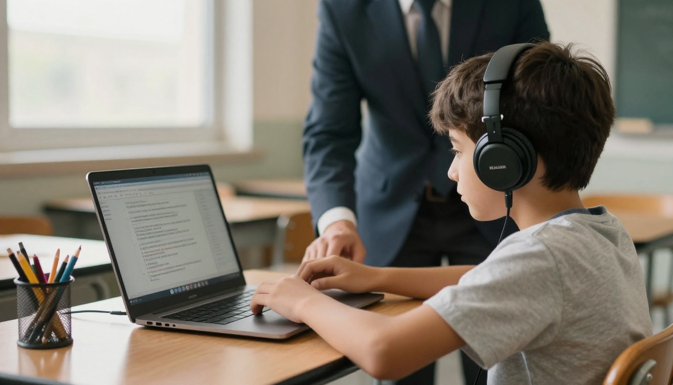 Visually impaired student using a screen reader at a classroom desk