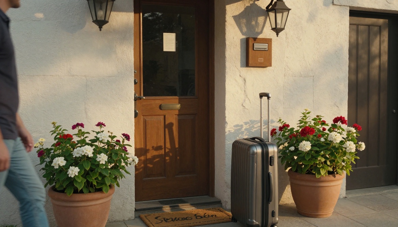 Rental front door with lockbox and a guest approaching with a suitcase