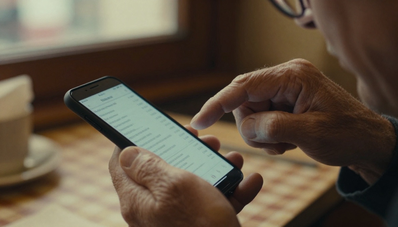 Older man squinting at a small menu on a phone screen Older man squinting at a small menu on a phone screen