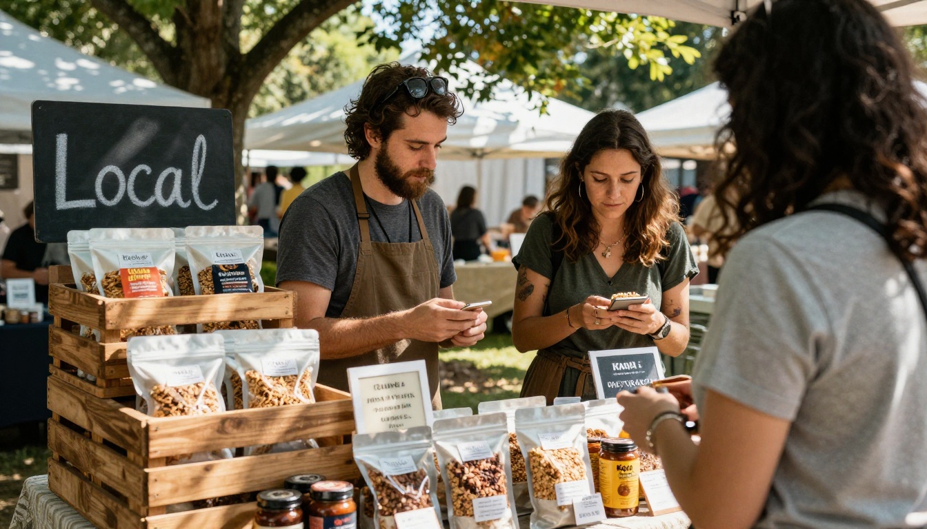 Founders presenting packaged granola and sauces at a farmers market stall