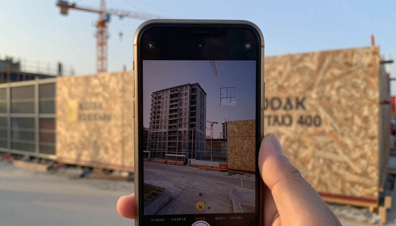 Smartphone in front of a construction hoarding showing a vertical apartment brochure page Smartphone in front of a construction hoarding showing a vertical apartment brochure page