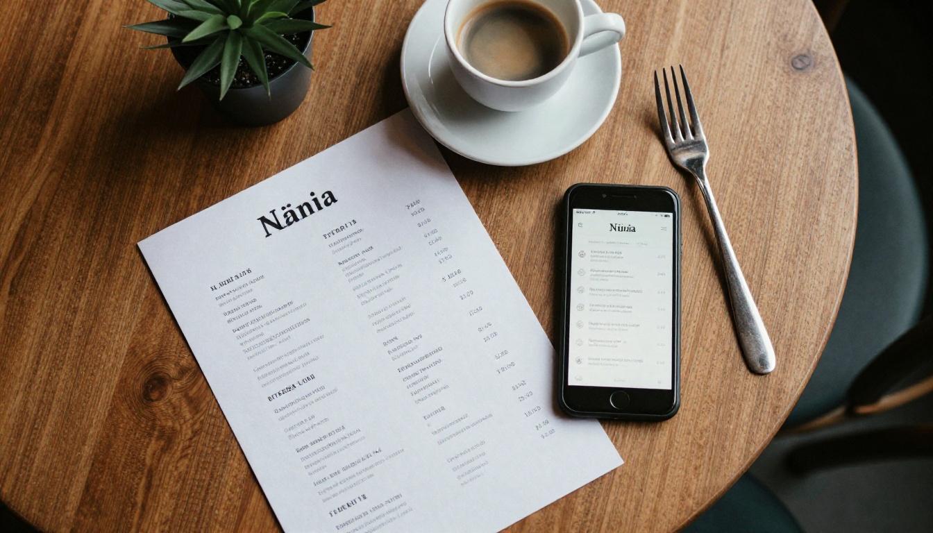 Flat lay of a paper menu next to a phone showing a menu on a table Flat lay of a paper menu next to a phone showing a menu on a table