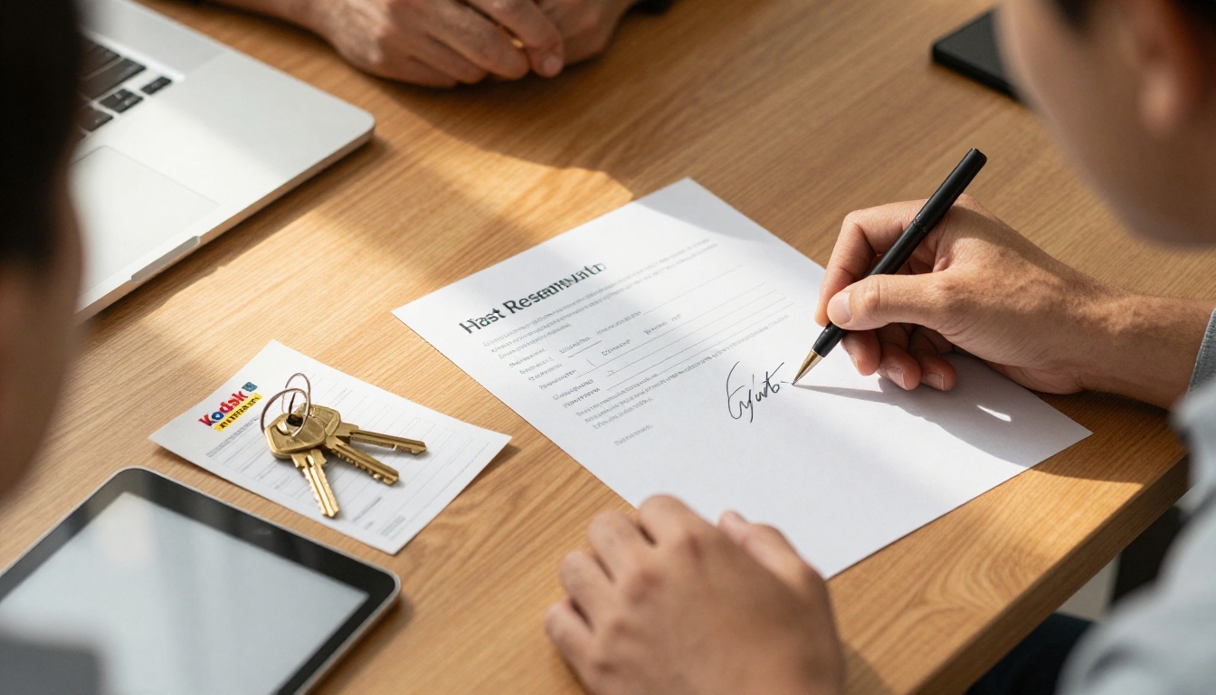 Handshake between a developer and a young couple over a signed reservation form Handshake between a developer and a young couple over a signed reservation form