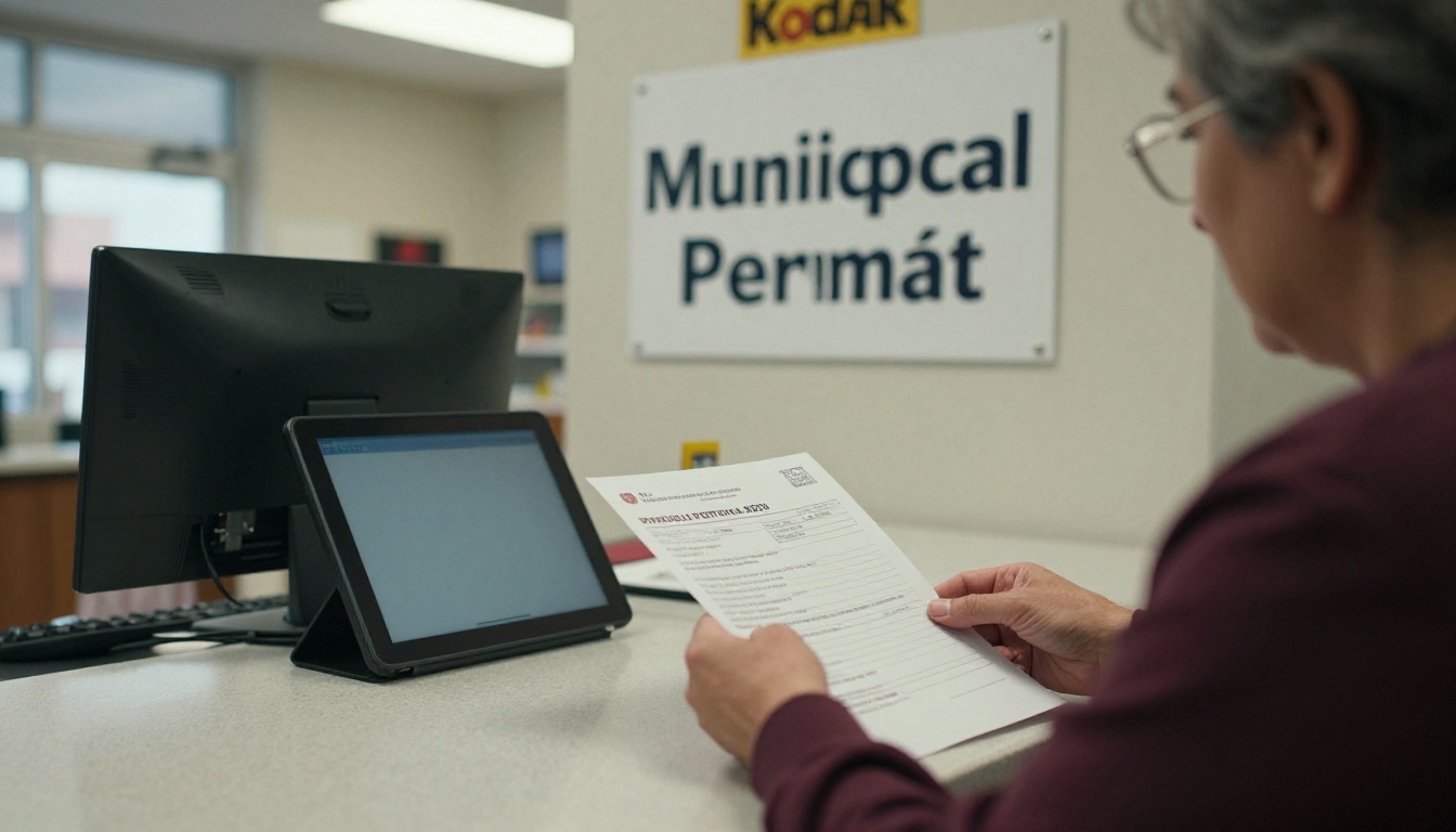 Staff member handing a paper form to an older resident at a permit counter