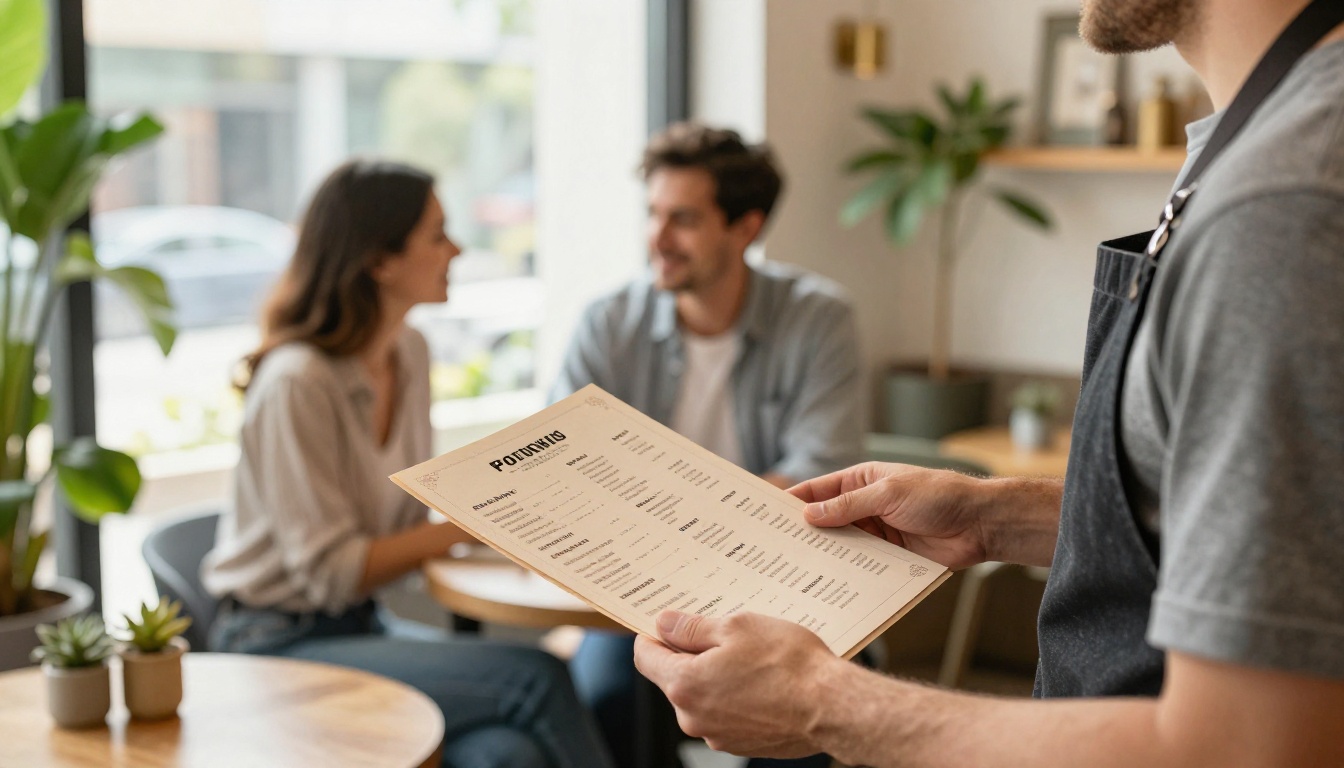 Waiter handing a printed menu to a smiling couple Waiter handing a printed menu to a smiling couple
