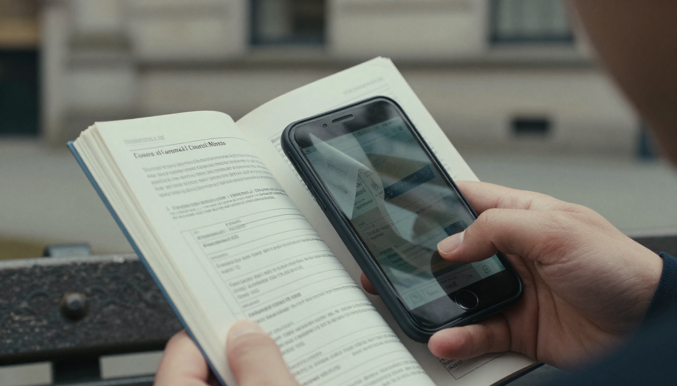Resident reading a digital flipbook of council minutes on a phone outside city hall